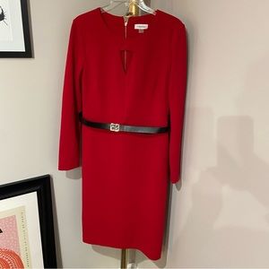 Calvin Klein Red Long Sleeve Sheath Dress with Belt and Cutout